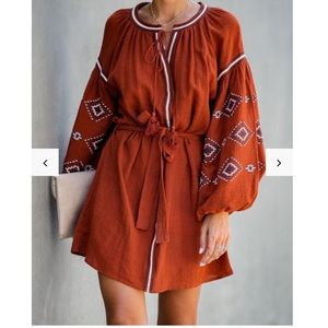 Bohemian Rust Dress with Embroidered Sleeves
